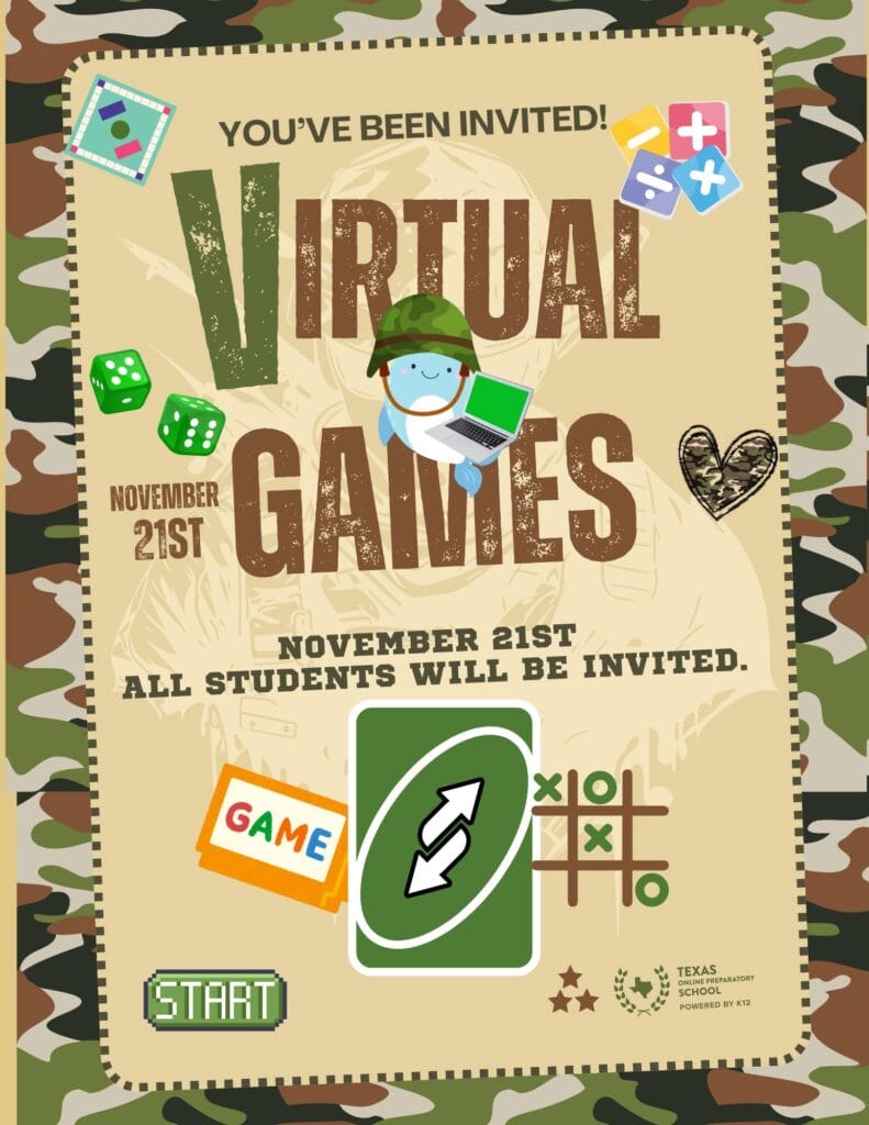 folleto para un evento escolar de juegos virtuales