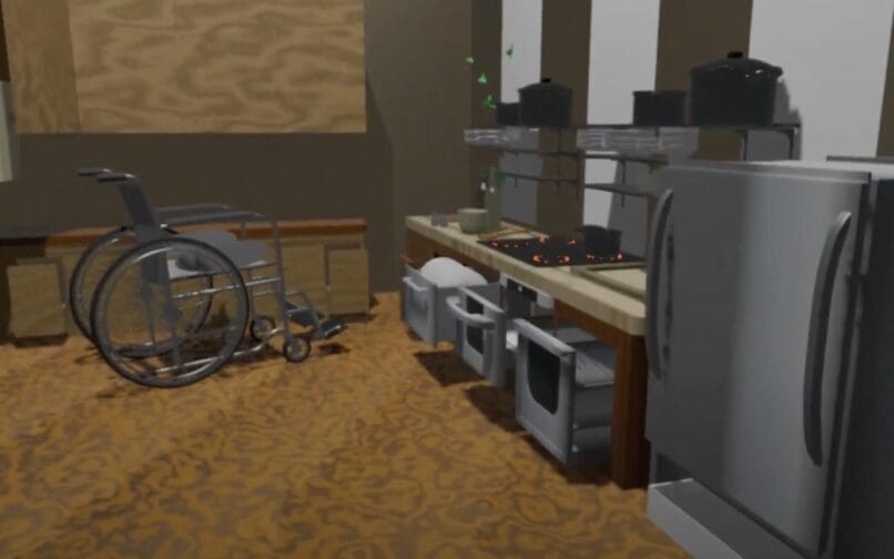 captura de pantalla de un vídeo de modelado por ordenador con una silla de ruedas y aparatos de cocina accesibles en pantalla