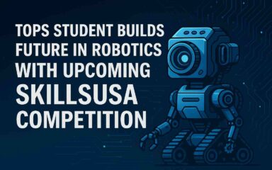 Texto del título con un fondo azul tecnológico y un robot de rescate cuadrado con orugas, brazos mecánicos y una cabeza con lente.