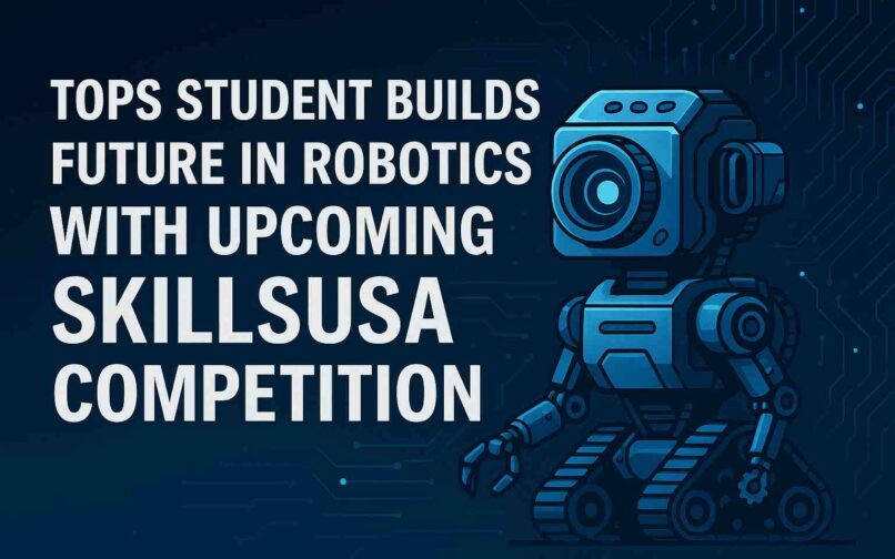 Texto del título con un fondo azul tecnológico y un robot de rescate cuadrado con orugas, brazos mecánicos y una cabeza con lente.