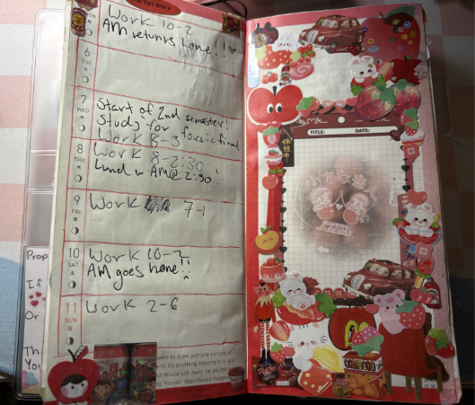 Un cuaderno de tapas blandas decorado con pegatinas y notas escritas a mano, ideal para el colegio y el trabajo.